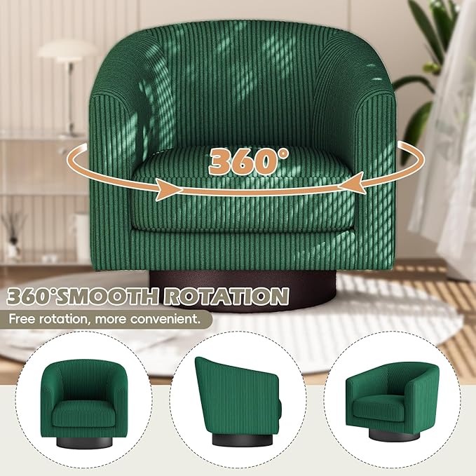 360° Swivel Accent Chairs Set of 2, Modern Bucket Chair, Corduroy Barrel Armchair, Comfy Boucle Chair, Single Sofa for Living Room Bedroom. Green