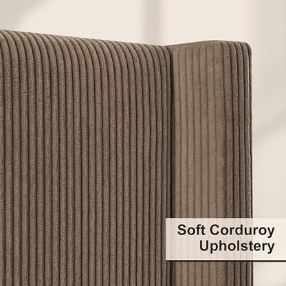 HOWE Queen Size 61" Corduroy Upholstered Bed Frame, Platform Bed with Vertical Stripe Wingback Headboard, No Box Spring Needed/Noise Free/Solid Wood Slats & Legs/Chestnut