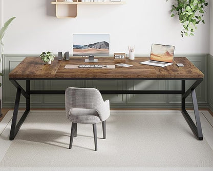 HSH Large Rustic Brown Computer Desk, 78 Inch Extra Long Metal Wood Desk for Home Office, Two Person Executive Writing Study Gaming Desk Table, Bedroom Living Room PC Laptop Dual Monitor Desk