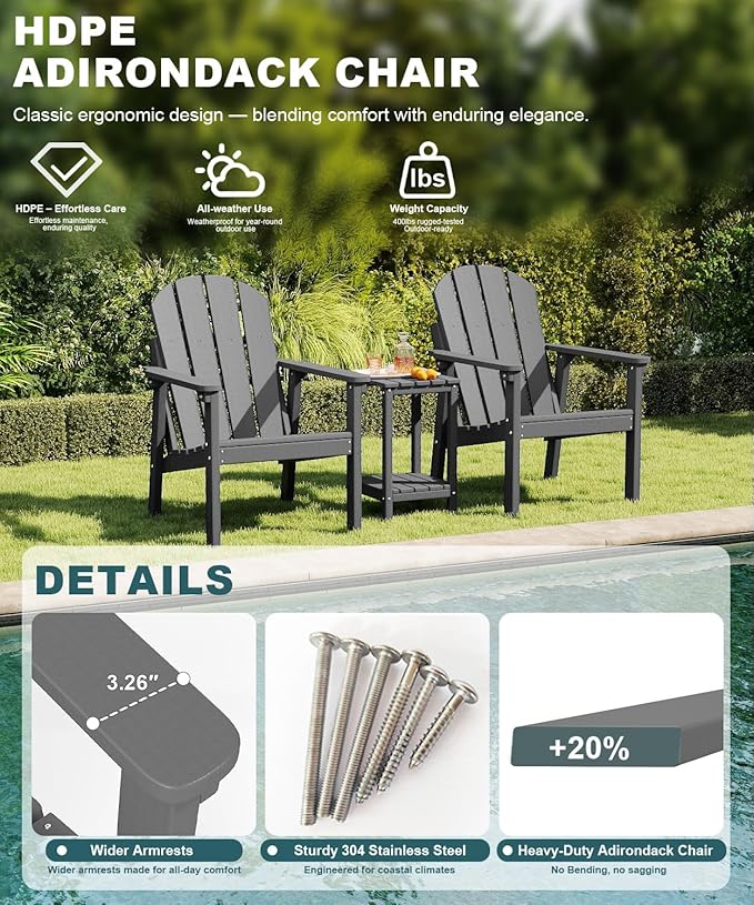 Adirondack Chair, All Weather HDPE Fire Pit Chairs, Oversized Plastic Adirondack Chair for Outdoor, Balcony, Deck, Backyard, Patio, Garden, Poolside, Lawn Grey