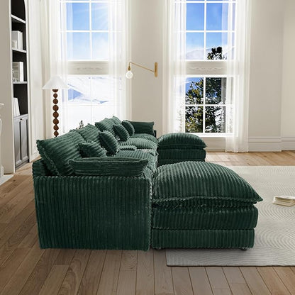 HYJT-H&K 145" U Shaped Cloud Couch Modular Green Sectional Couches for Living Room, Comfy Fluffy Corduroy Oversized Cloud Sectional Couch Large 6 Seat Sectionals Sofa Set Central Console USB Port