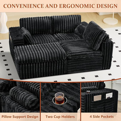 114" Cloud Boneless Sectional Couches for Living Room, Modular Sectional Sofa with Cup Holder, Cozy Fluffy L Shaped Deep Seat Couch with Storage Pocket, No Assembly Required, Dark Black