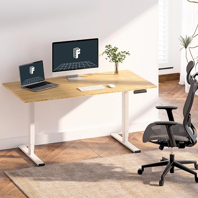 FLEXISPOT E6 Bamboo 3-Stage Dual Motor 60 x 30 Electric Standing Desk Sit Stand Up Desk, Holds 220 lbs, Adjustable Height w/Memory Presets, Solid Bamboo Desktop & White Frame, Ships in 2 Boxes