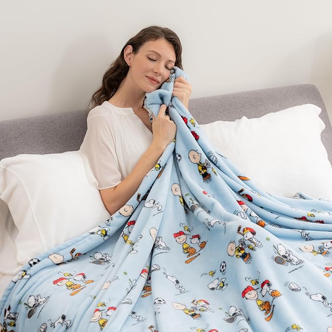 Berkshire Blanket Peanuts® VelvetLoft® Cute Character Snoopy Plush Blanket,Snoopy The Athlete Closed in Blue,King 90 in x 108 in (Official Peanuts® Product)