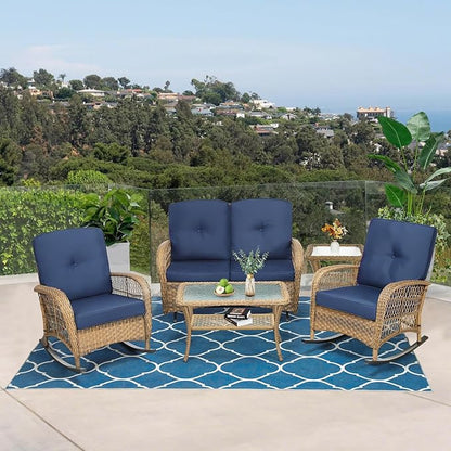 VIVIJASON 5-Piece Outdoor Patio Wicker Conversation Sets, All Weather Outdoor Rattan Furniture Set Includes Glider Loveseat, 2 Coffee Table, 2 Rocking Chairs with Cushions for Backyard, Navy Blue