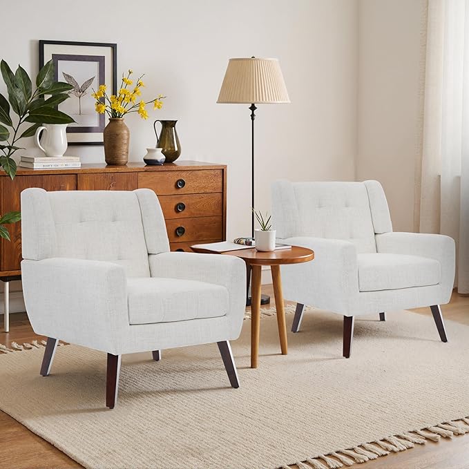 Accent Chairs Set of 4, Mid-Century Modern Upholstered Armchair, Comfy Fabric Living Room Chairs Reading Chairs with Button Tufted Back & Solid Wood Legs for Bedroom, Office, Beige