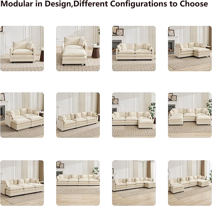 Aoowow Modular Sectional 4 Seater Cloud Sofa Couch for Living Room,149.6" Cloud Sofas with Deep Seat,Modern Chenille 4 Seat Sofas,Fluffy Cloud Couches for Bedroom,Office,Hotel (Beige, 4 Seater)