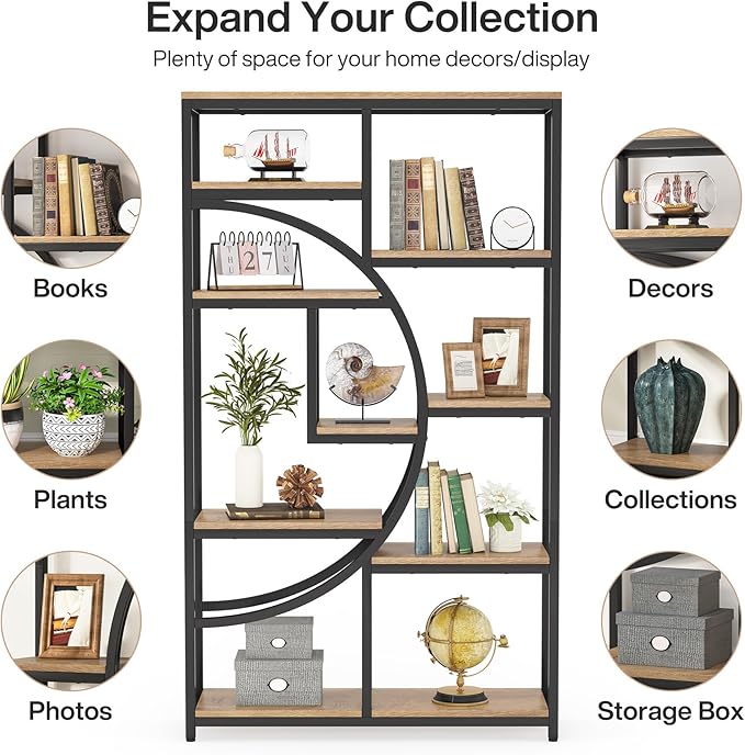 Tribesigns Bookshelf Industrial 5 Tier Etagere Bookcase, Freestanding Tall Bookshelves Display Shelf Storage Organizer with 9-Open Storage Shelf for Living Room, Bedroom (Light Oak, 2 Pack)