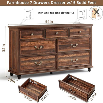 Bedroom Dresser Sets, 54" Wide 7 Drawers Dresser and 45" Tall 5 Drawers Dresser, Wooden 2 Piece Bedroom Furniture Set, Chest of Drawer for Bedroom, Home, Living Room, Hallway, Brown