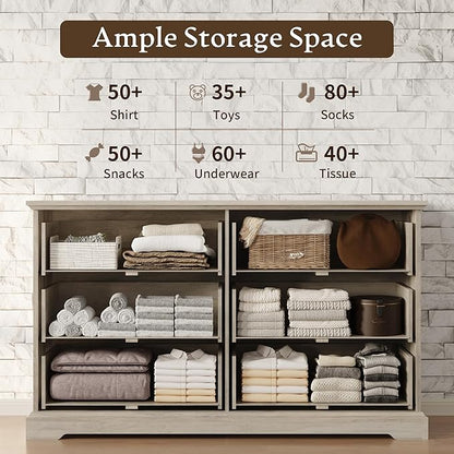 Farmhouse 6 Drawers Dresser for Bedroom, 54" Wide Modern Chest of Drawers with Deep Drawers & Bar Handles, Rustic Wood Dresser TV Stand, Wooden Closet Storage Organizer for Living Room, Hallway, Grey