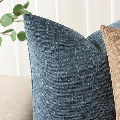 Foindtower Pack of 2 Soft Textured Chenille Throw Decorative Pillow Covers Square Accent Solid Cushion Cover Cozy Neutral Farmhouse Pillow Case for Couch Sofa Bedroom Living Room 24x24 Inch,Blue