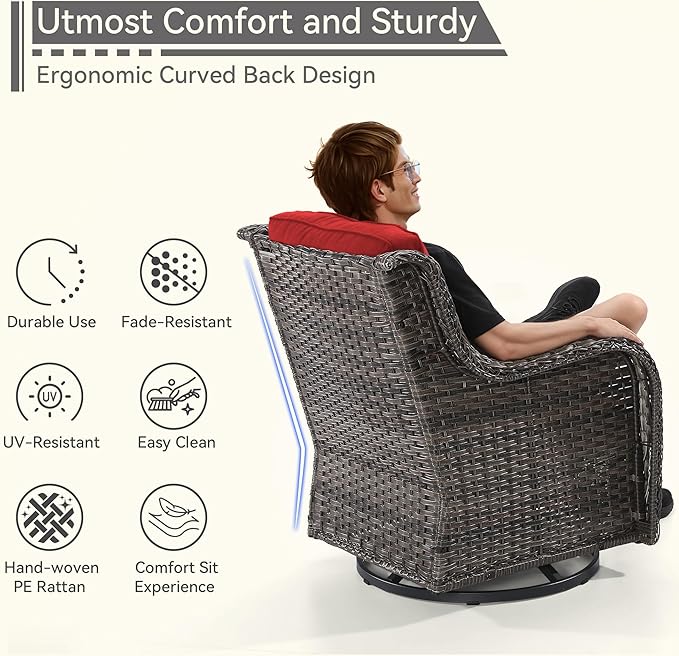 6 Pieces Outdoor Furniture Set - Patio Wicker Swivel Rocker Chair Set of 4 and 2 Side Table, Red, Mixed Brown Rattan, Suitable for Porch, Yard