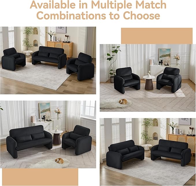 Corduroy Accent Living Room Sets, Modern Upholstered Love Seat with 2 Accent Chairs, Wide Comfy Leisure Chair Sets for Bedroom, Office, Black