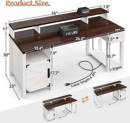 EnHomee Computer Desk with Drawers,23" D Home Office Desk with Storage,Wooden Desk with Monitor Stand,Farmhouse Desk with Printer Space and Power Outlets for Studio,Work, Study,Writing&Gaming,White
