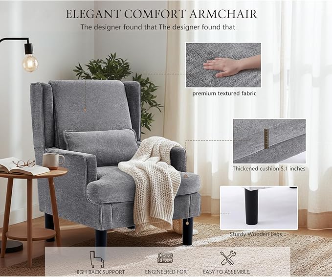 Modern Accent Chair for Living Room Chairs Upholstered Oversized Reading Chair Accent Chairs Set of 2 Living Room Chair Arm Chair with High Back and Wood Legs,Armchair Comfy Chair for Bedroom(Grey)