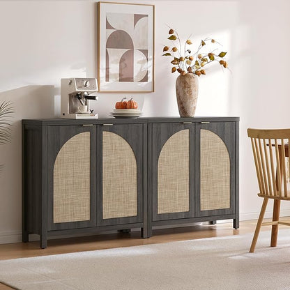 SICOTAS 68" W Rattan Sideboard Buffet Cabinet with Storage Set of 2, Modern Credenza with Arch Doors & Shelves, Boho Coffee Bar Media Console Cabinets for Kitchen, Living Room, Entryway, Black Oak