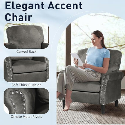 Accent Chairs for Living Room, Set of 2 Mid-Century Modern Upholstered Armchairs, Comfy Velvet Chair w/Wood Legs & Nailhead Trim, Wingback Chair for Bedroom, Grey