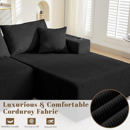 107" Cloud Sectional Couch, Modular Sectional Sofa with L-Shape Chaise, Corduroy Boneless Couch with Deep Seat, Upholstered Sofa for Living Room, No Assembly Required(Right-Facing Chaise, Black)