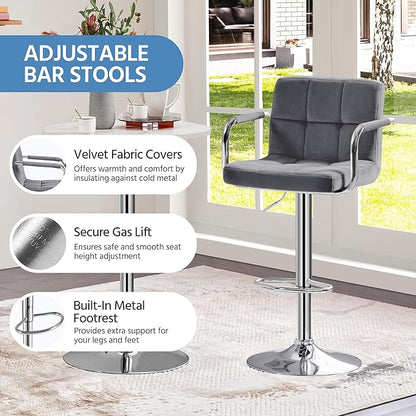 Yaheetech Velvet Bar Stools Set of 4, Adjustable Barstools with Armrest, Counter Height Stool Chairs with Thickened Seat Cushion for Kitchen Island, Dark Grey