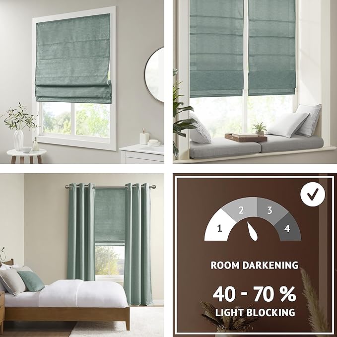 Madison Park Cordless Roman Shades Faux Silk Shade with Sheen 1-Panel Privacy, Room Darkening, Energy Efficient, Thermal Insulated Window Blind for Bedroom, Living Room Décor, 27"W x 64"L Como, Green