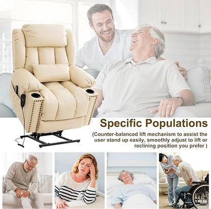 Dual Motor Large Power Lift Recliner Chair for Elderly with Heat and Massage,Lay Flat Lift Chairs Recliners for Seniors Infinite Position,USB Ports&Remote, Leather (Beige, Large)