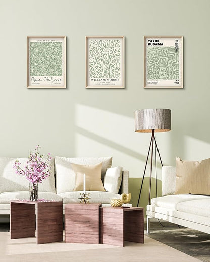 HesenDot Framed Matisse Sage Green Wall Art,William Morris Canvas Wall Decor,16x12IN High Framed Wood Design Prints,Minimalist Classic Decor Aesthetic for Living Room,Bedroom,Bathroom Set of 3
