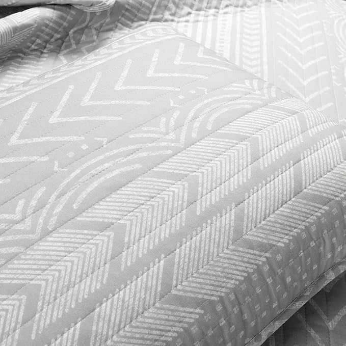 Lush Decor Hygge Geo Pattern Striped 3 Piece Quilt Bedding Set, Full/Queen, Light Gray