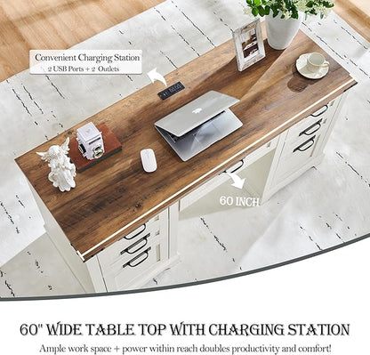RedLemon 60" Farmhouse Executive Desk, Home Office Desk with Drawers, Charging Station, Keyboard Tray, File Drawer, Storage Cabinet, Wood Rustic Computer Writing Desk (Antique White)