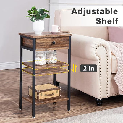 VECELO Tall End Side Table,Nightstand with Adjustable Shelf and Bin Drawer for Living Room/Bedroom/Entryway Small Spaces
