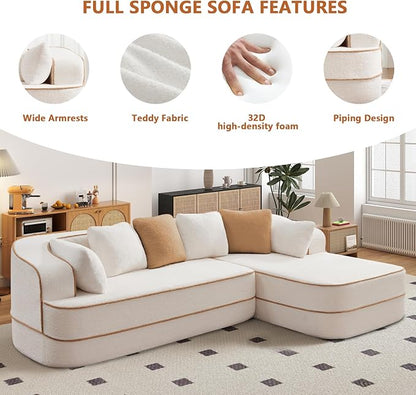 Cloud Sectional Sofa Modern Boneless Couch for Living Room, Comfy Deep Seat Comfy Teddy Fabric Double Sofa Chaise No Assembly Required (White, 106" L Shape with Right Facing)
