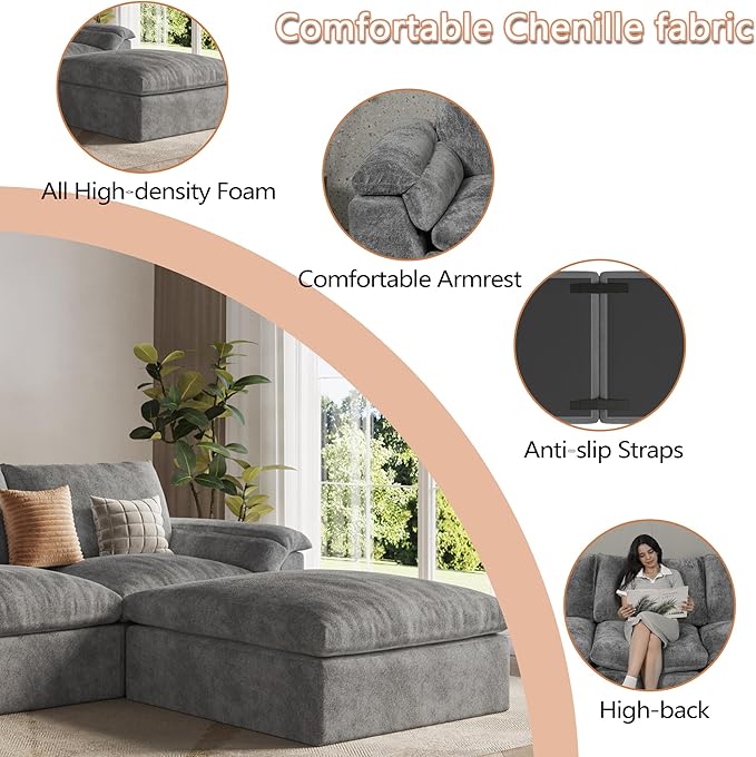 EASE MOOSE Oversized Boneless Couch for Living Room, Sectional Cloud Sofa, Modular Cloud Couch, 3-Seater Deep Seat Sofas with Pillow for Bedroom, Apartment, No Assembly Required, Chenille (Grey)
