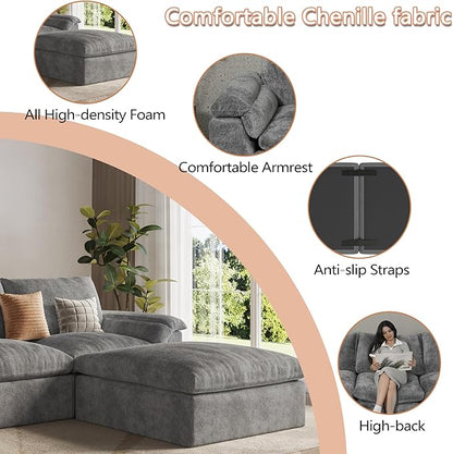 EASE MOOSE Oversized Boneless Couch for Living Room, Sectional Cloud Sofa, Modular Cloud Couch, 3-Seater Deep Seat Sofas with Pillow for Bedroom, Apartment, No Assembly Required, Chenille (Grey)