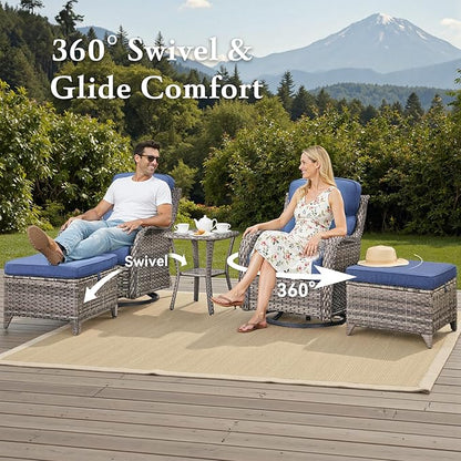 Belord Luxury 6" Thick Cushioned 5 Pieces Patio Furniture Set with 2 Ottomans, Wicker Outdoor Conversation Set with High Back Swivel Rocker Patio Chairs for Deck Porch Yard and Poolside - Grey+Blue