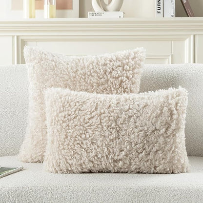 FUTEI Beige Decorative Throw Pillow Covers 24x24 Inch Set of 2,Soft Fluffy Faux Wool Fur Boucle Textured European Cushion Case,Modern Home Decor for Couch Bed Living Room Office