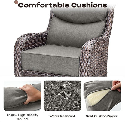 Rilyson Wicker Outdoor Patio Furniture Set - 5 Piece Patio Conversation Sets with Swivel Rocker Chairs, Ottomans and Side Table, 6 inch Cushions, Waterproof Wicker, for Porch Deck Brown/Grey