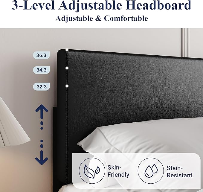 Allewie King Size Bed Frame with Adjustable Headboard, Faux Leather Platform Bed with Wood Slats, Heavy Duty Mattress Foundation, No Box Spring Needed, Noise-Free, Easy Assembly, Black