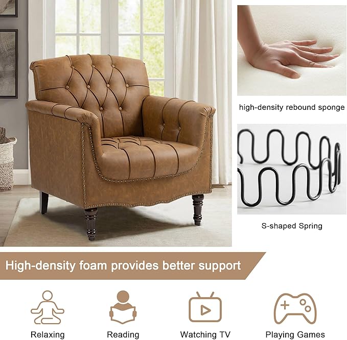 Faux Leather Accent Chairs Set of 4, Upholstered Armchairs with Nailhead Trims & Wood Legs for Living Room, Bedroom, Contemporary Comfy Club Chairs for Office-Camel