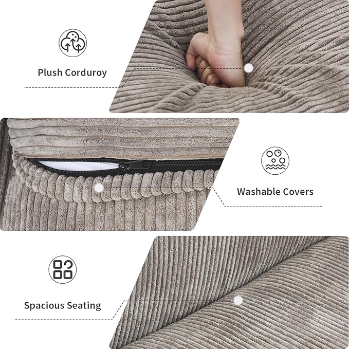 WJShome Cloud Couch Modular Sectional Sofa,102inch Corduroy Couch 2 Seater LoveSofa,Brown Convertible Sectional Sofa for Living Room, Cushion Covers Removable& Washable