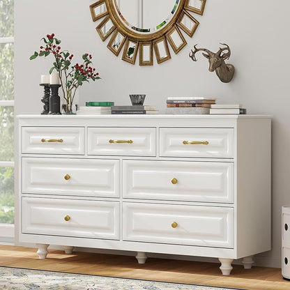 Farmhouse Dresser for Bedroom, 51'' Wide Rustic chests of Drawers with Natural Texture, 7 Drawers Dresser Vintage Design, Storage Dressers Organizer, White