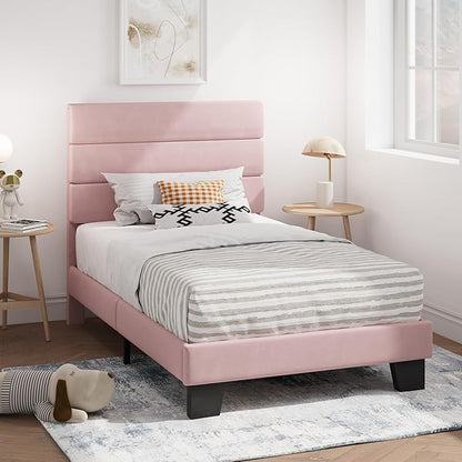 SHA CERLIN Twin Platform Bed Frame with Velvet Upholstered Headboard, Mattress Foundation with Strong Wooden Slats Support, No Box Spring Needed, Pink