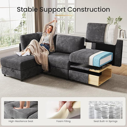 KKL Modular Sectional Sofa U-Shaped 6 Seater Couch with Storage Ottoman, Convertible L-Shaped Plush Wide-Wale Corduroy Couch for Living Room, Apartment, Modern Design, Gray