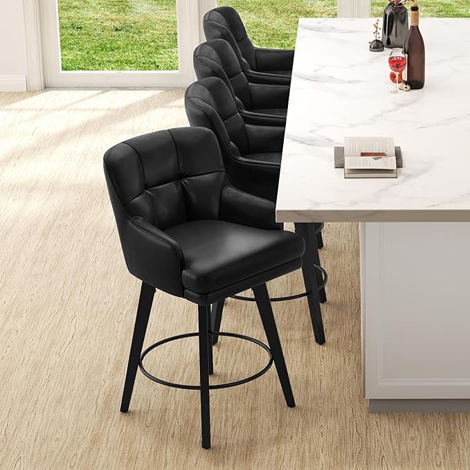 360°Swivel Counter Height Bar Stools with Back, 26 inch Solid Wood Legs, Bar Stool Modern Kitchen Island Chairs, Faux Leather (Black- Faux Leather, 26" H- Set of 3)