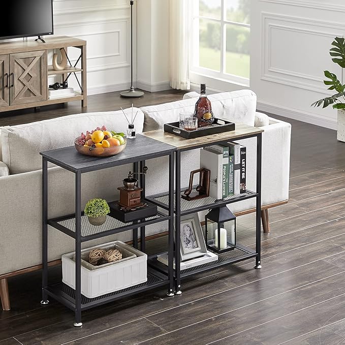 VECELO Tall End Side Tables, 30" Height Nightstand with 3-Tier Storage Shelf for Bedroom Living Room, Easy Assembly,Industrial Style, Grey