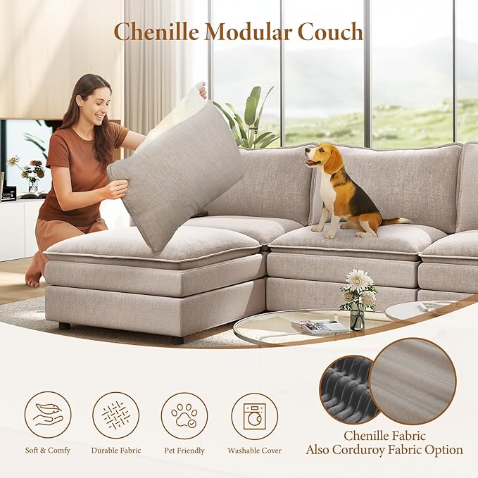 Vesgantti 108" U Shaped Sectional Couch, Comfy Cloud Modular Sectional Sofa with 2 Ottoman Deep Seat Chenille Modern Cloud Sofa, Modular Sofas for Living Room, Bedroom and Apartment, Light Brown
