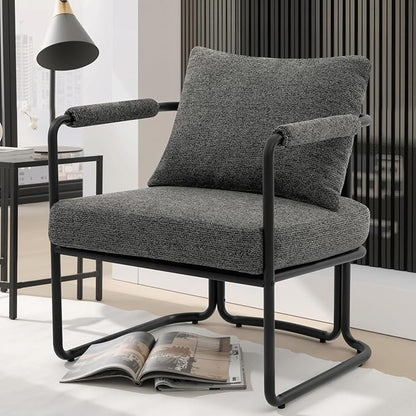 Accent Chairs Set of 2 for Living Room, Mid Century Modern Upholstered Reading Armchairs for Bedroom, Office, with Comfy Chenille Cushion & Metal Frame, Dark Grey