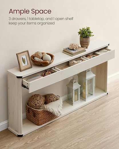 VASAGLE Console Table, 63 Inches Sofa Table, Narrow Entryway Table, Entry Table with 3 Drawers, Bottom Shelf, Metal Corners, for Living Room, Bedroom, Farmhouse Style, Rustic White ULNT146W73