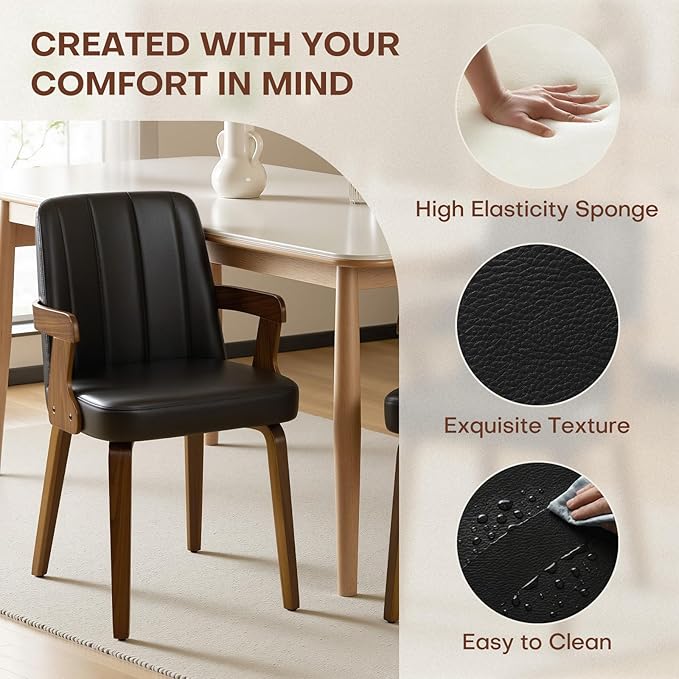 Kitchen Dining Chairs Set of 2, Faux Leather Upholstered Dining Room Chairs with Wood Arms and Legs, Mid Century Modern Kitchen Side Chair for Living, Bedroom, Restaurant, Walnut/Black
