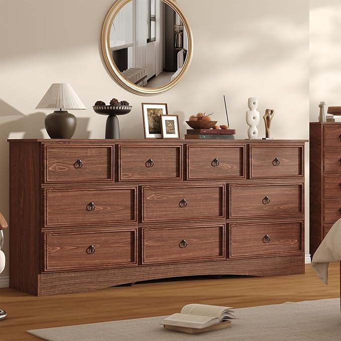 Farmhouse 10 Drawer Dresser for Bedroom – 63'' Long Dresser Wood Chest of Drawers,TV Stand for 75 inch TV, Storage Organizer Furniture, Hallway, Entryway, Closet, Cherry Wood
