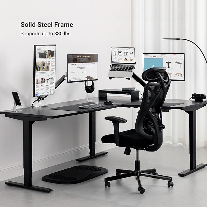 Progressive Desk Stand Up Height Adjustable Standing Desk - L Shaped 85" x 72" Corner Computer Rising Workstation Electric Table - Dark Cherry, Black Frame