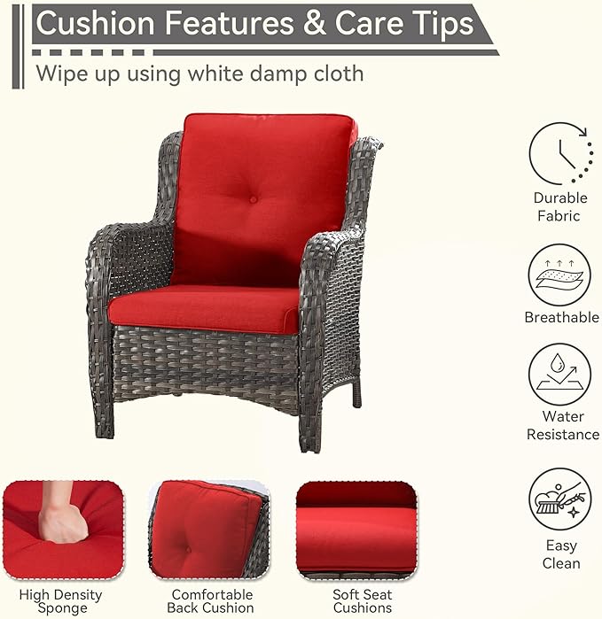 4 Pieces Patio Conversation Set, Wicker Chairs Set of 2 and Two Ottomans with 3.5-inch Seat Cushions, High Back and Curved Armrest for Backyard, Balcony and Deck, Red